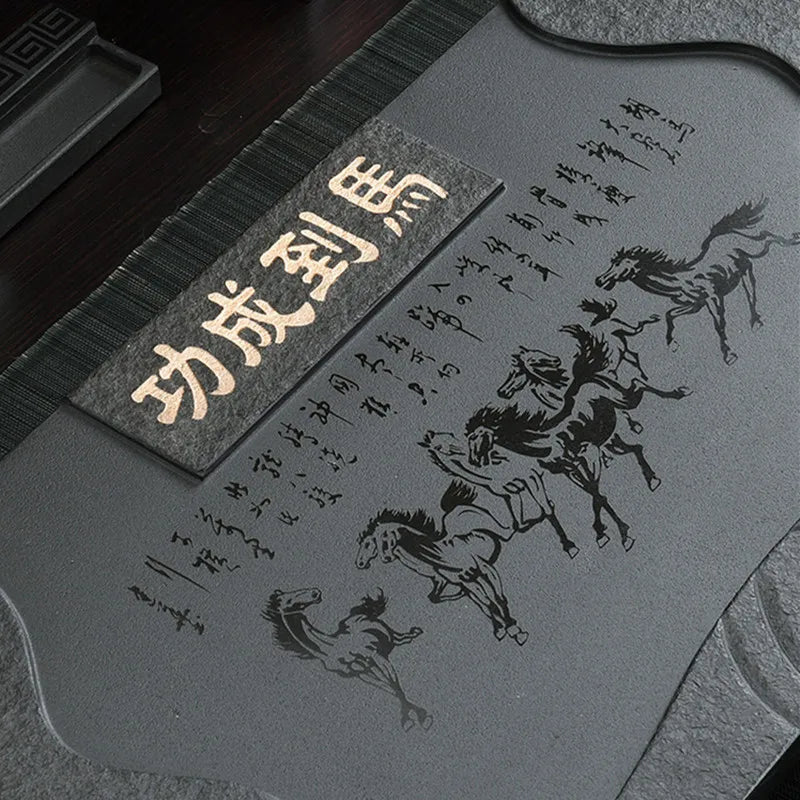 handmade tea tray horse print success symbol weighted heavy black stone tea table for Chinese kungfu tea set L68cm serving trays
