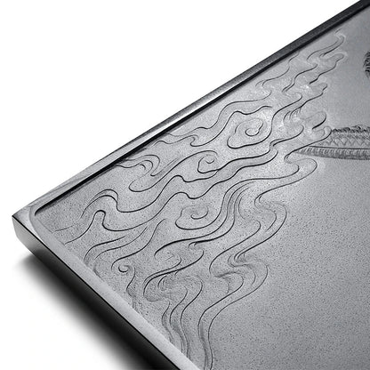 handmade tea tray weighted large table for kungfu tea set black stone dragon hand carved embossed artwork 80*35*3cm