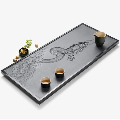 handmade tea tray weighted large table for kungfu tea set black stone dragon hand carved embossed artwork 80*35*3cm
