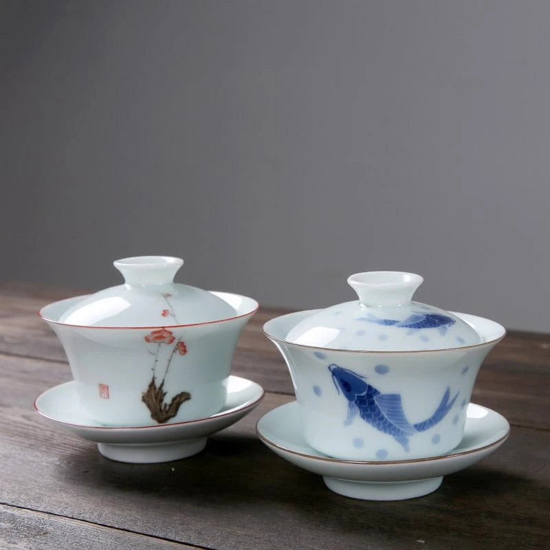 handpainted floral fish gaiwan cup bowl with coaster lid Chinese covered bowls porcelain for Tieguanyin green oolong tea new