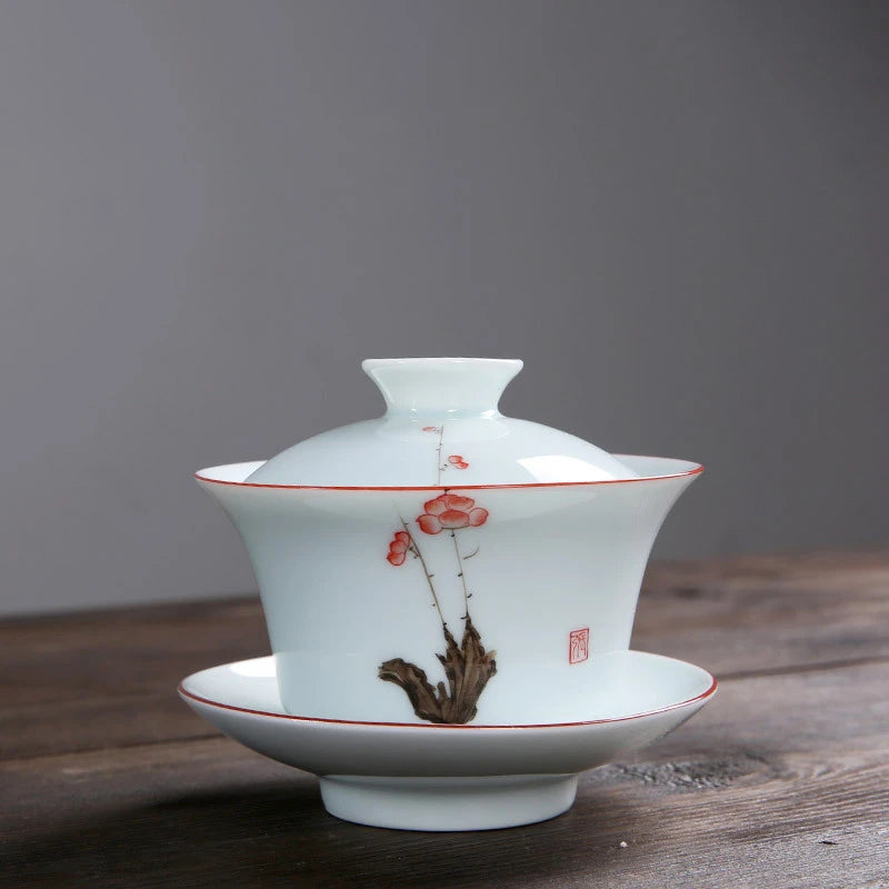 handpainted floral fish gaiwan cup bowl with coaster lid Chinese covered bowls porcelain for Tieguanyin green oolong tea new