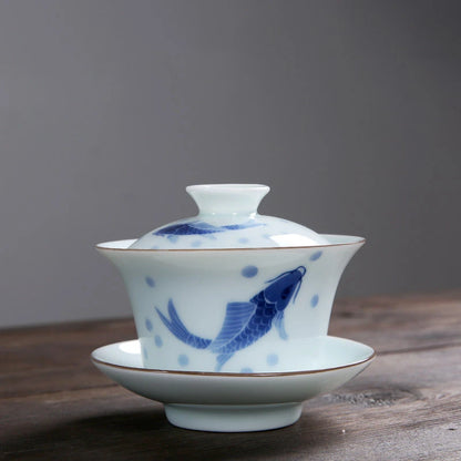 handpainted floral fish gaiwan cup bowl with coaster lid Chinese covered bowls porcelain for Tieguanyin green oolong tea new