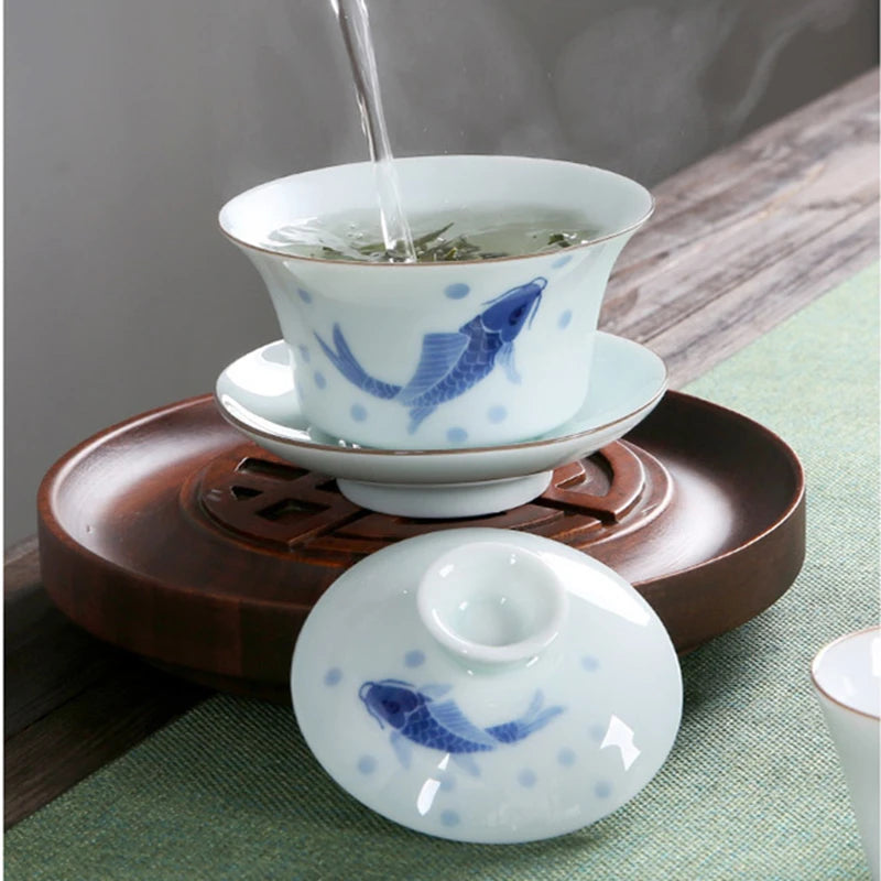 handpainted floral fish gaiwan cup bowl with coaster lid Chinese covered bowls porcelain for Tieguanyin green oolong tea new