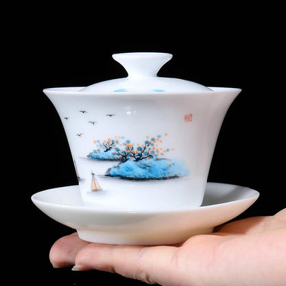 handpainted gaiwan boutique porcelain tureen thin glaze cup bowl with saucer Sancai bowls coaster lid China Dehua on sales