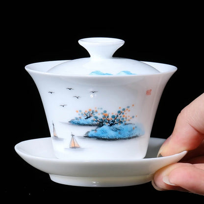 handpainted gaiwan boutique porcelain tureen thin glaze cup bowl with saucer Sancai bowls coaster lid China Dehua on sales
