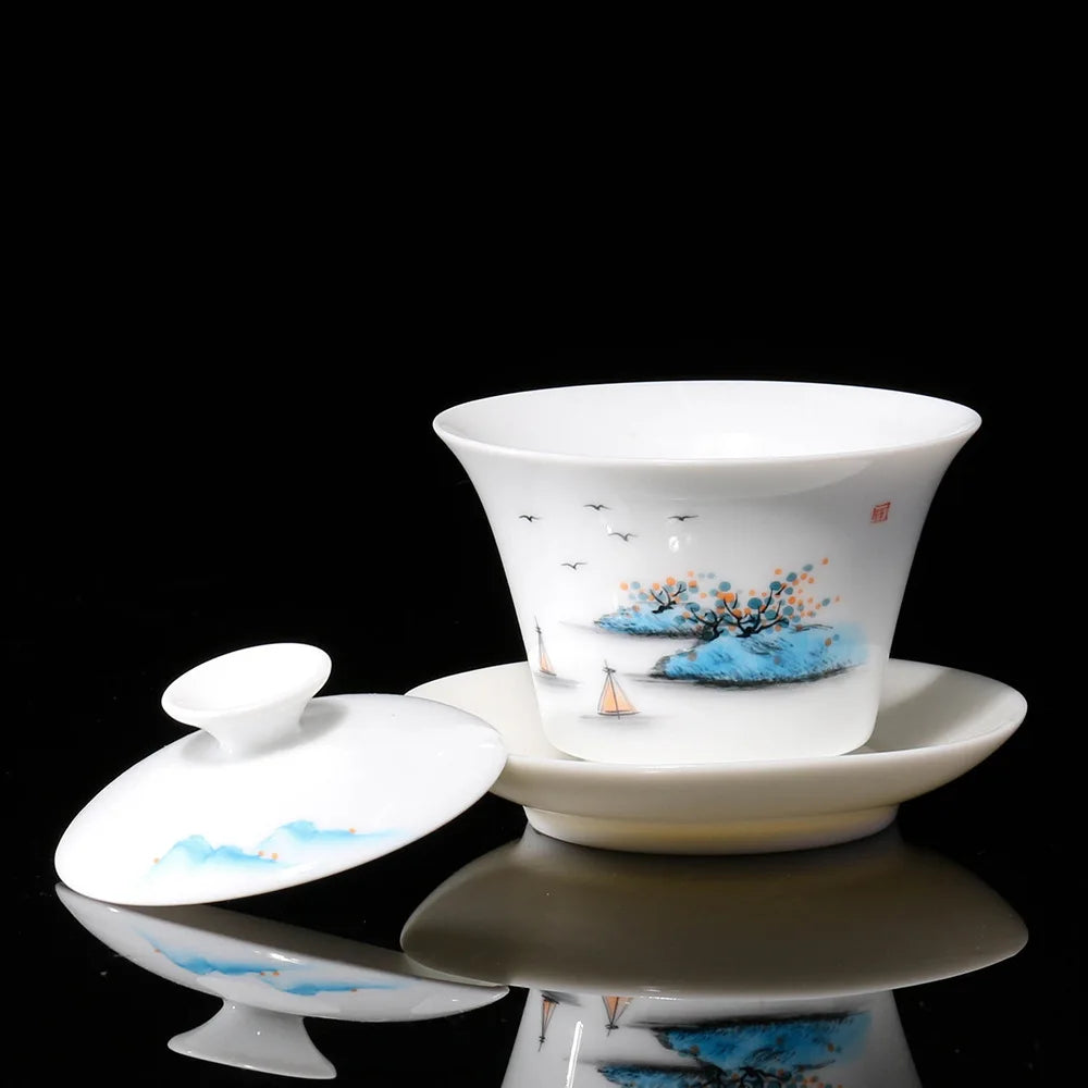 handpainted gaiwan boutique porcelain tureen thin glaze cup bowl with saucer Sancai bowls coaster lid China Dehua on sales