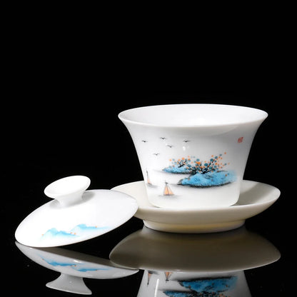 handpainted gaiwan boutique porcelain tureen thin glaze cup bowl with saucer Sancai bowls coaster lid China Dehua on sales