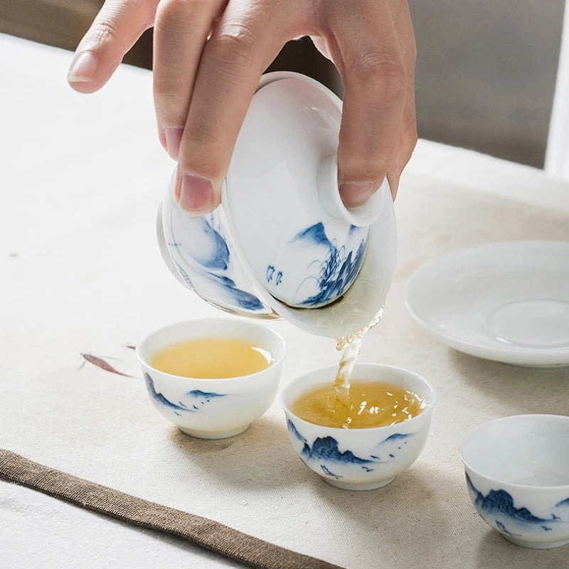 handpainted gaiwan porcelain tureen Sancai Bowl saucer lid mountain river orchid bamboo lotus flower print 150ml on sales