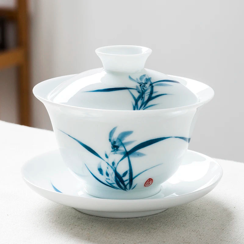 handpainted gaiwan porcelain tureen Sancai Bowl saucer lid mountain river orchid bamboo lotus flower print 150ml on sales