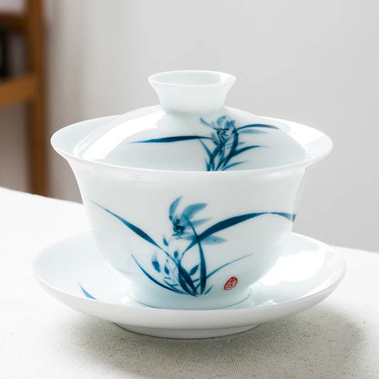 handpainted gaiwan porcelain tureen Sancai Bowl saucer lid mountain river orchid bamboo lotus flower print 150ml on sales