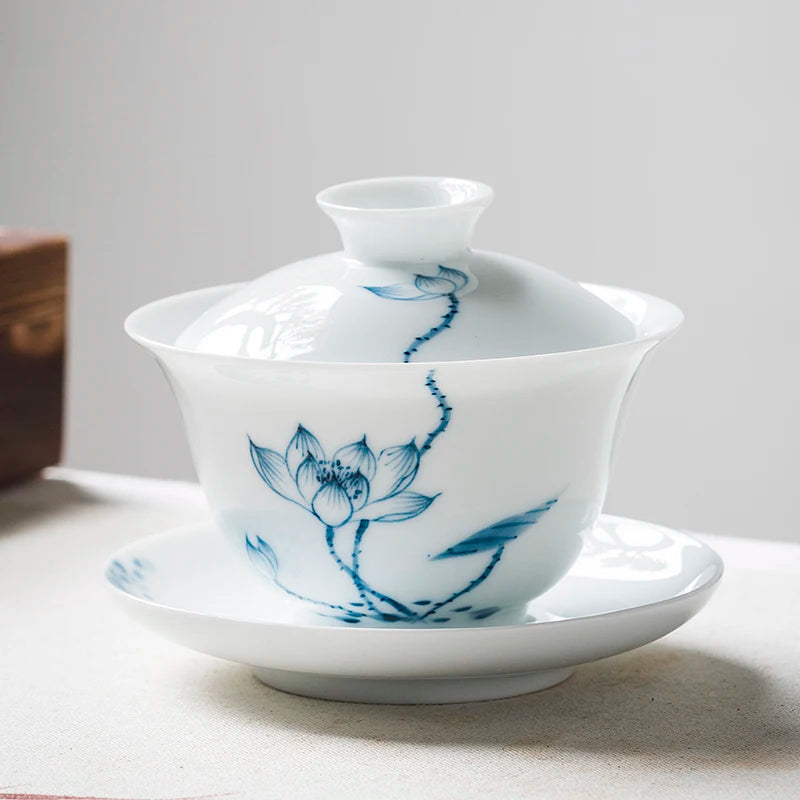 handpainted gaiwan porcelain tureen Sancai Bowl saucer lid mountain river orchid bamboo lotus flower print 150ml on sales