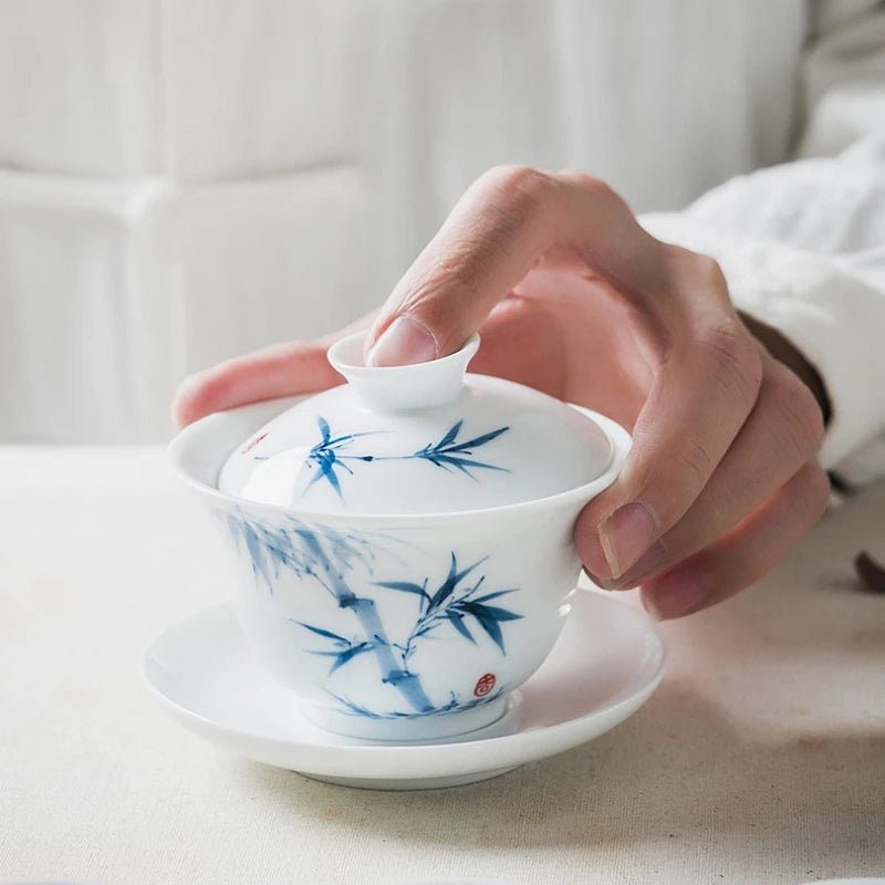 handpainted gaiwan porcelain tureen Sancai Bowl saucer lid mountain river orchid bamboo lotus flower print 150ml on sales