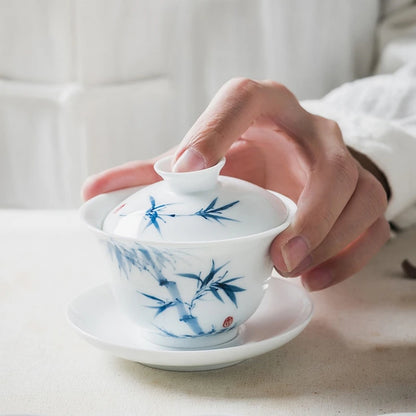 handpainted gaiwan porcelain tureen Sancai Bowl saucer lid mountain river orchid bamboo lotus flower print 150ml on sales