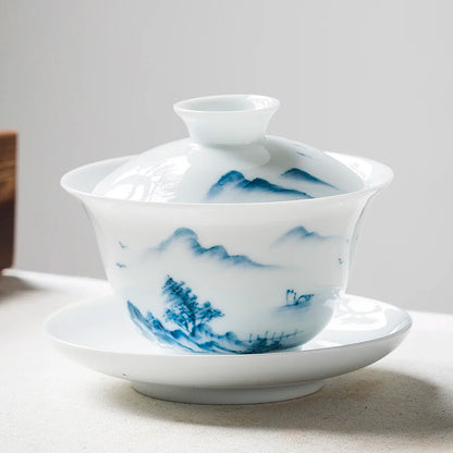 handpainted gaiwan porcelain tureen Sancai Bowl saucer lid mountain river orchid bamboo lotus flower print 150ml on sales