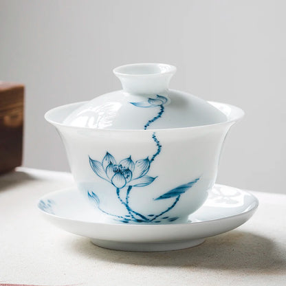 handpainted gaiwan porcelain tureen Sancai Bowl saucer lid mountain river orchid bamboo lotus flower print 150ml on sales