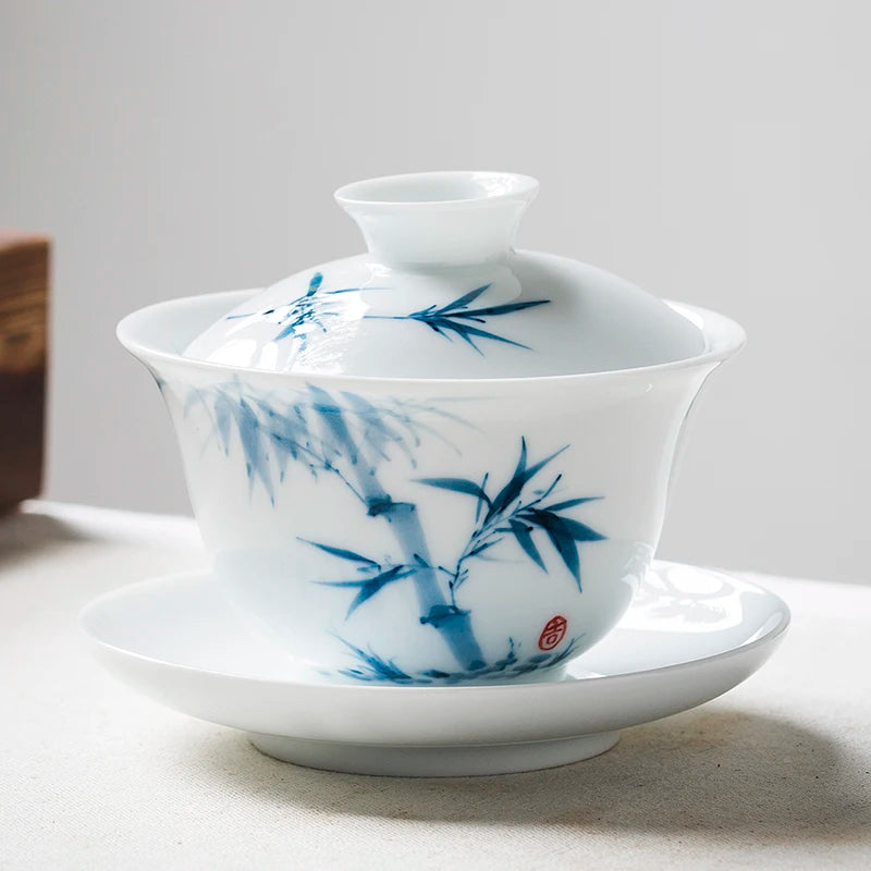 handpainted gaiwan porcelain tureen Sancai Bowl saucer lid mountain river orchid bamboo lotus flower print 150ml on sales
