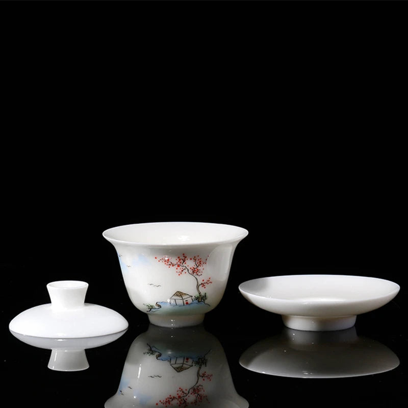 handpainted porcelain gaiwan thin glaze creative covered bowl with lid cup saucer ceramic tureen China Dehua SANCAI bowls new