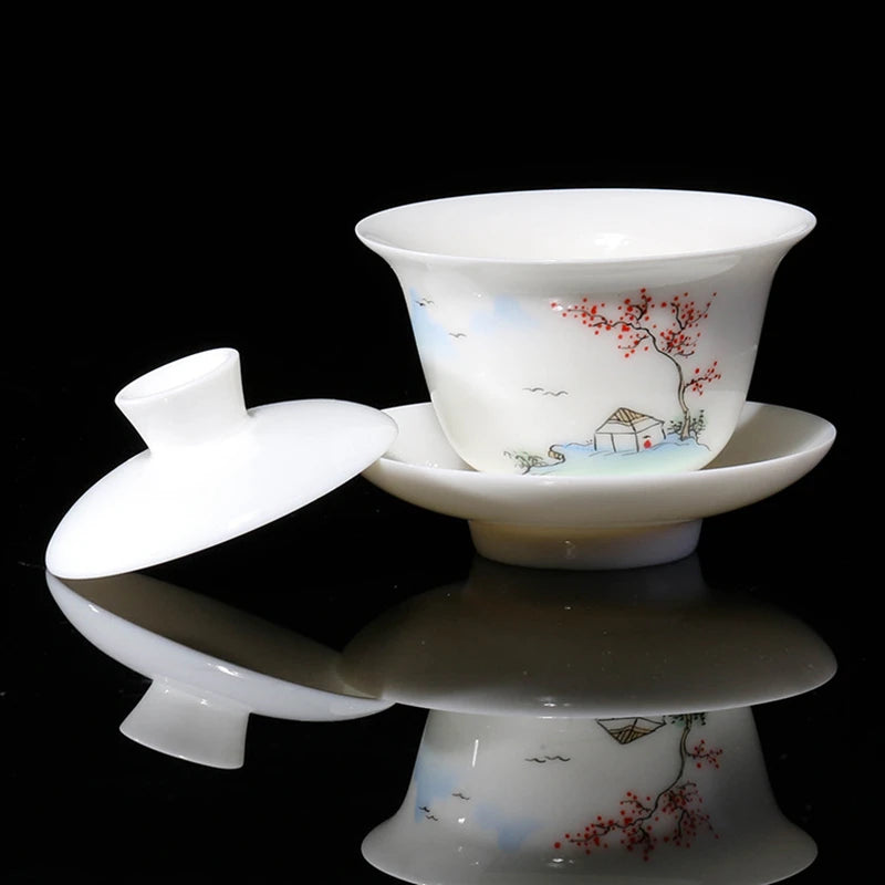 handpainted porcelain gaiwan thin glaze creative covered bowl with lid cup saucer ceramic tureen China Dehua SANCAI bowls new