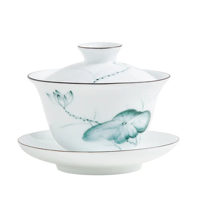 handpainted water lily porcelain gaiwan 125ml / 165ml / 200ml Chinese tureen cup bowl with saucer lid floral print under glaze