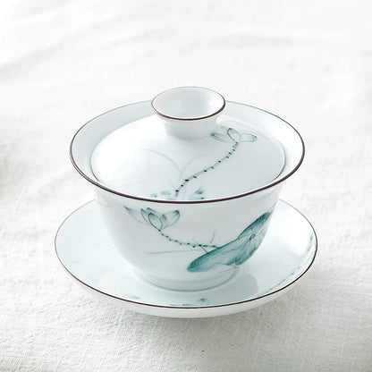 handpainted water lily porcelain gaiwan 125ml / 165ml / 200ml Chinese tureen cup bowl with saucer lid floral print under glaze