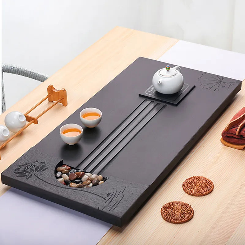 heavy stone tea tray weighted tea table water draining function serving trays for kungfu tea set multi-size tea boat lotus carve