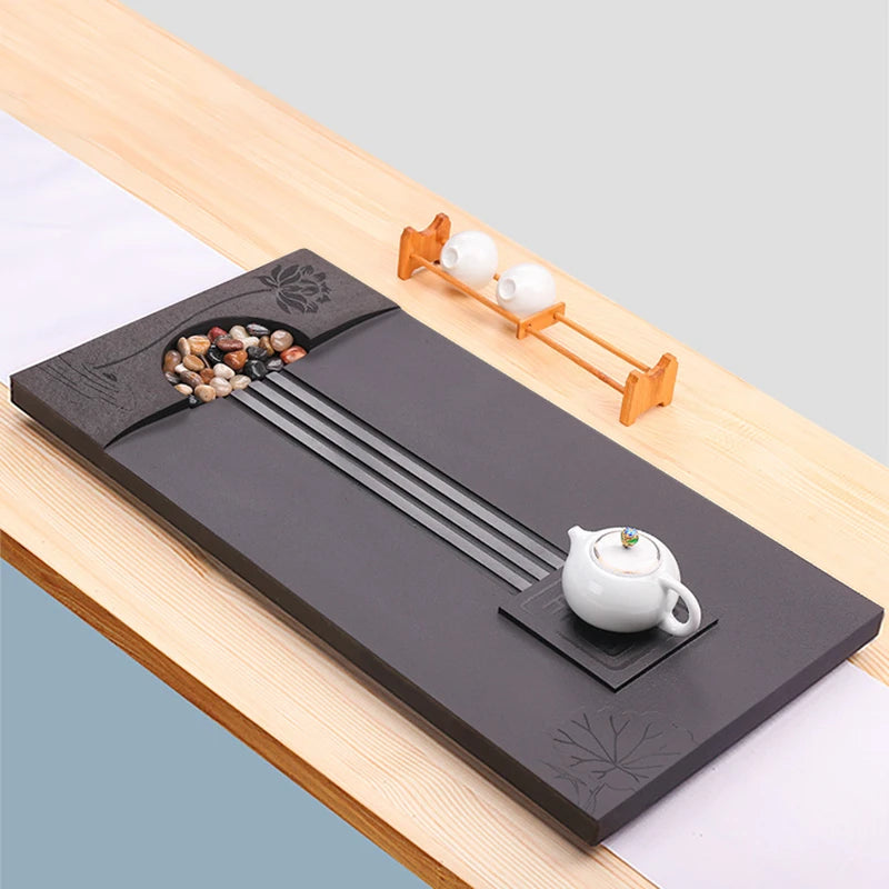 heavy stone tea tray weighted tea table water draining function serving trays for kungfu tea set multi-size tea boat lotus carve
