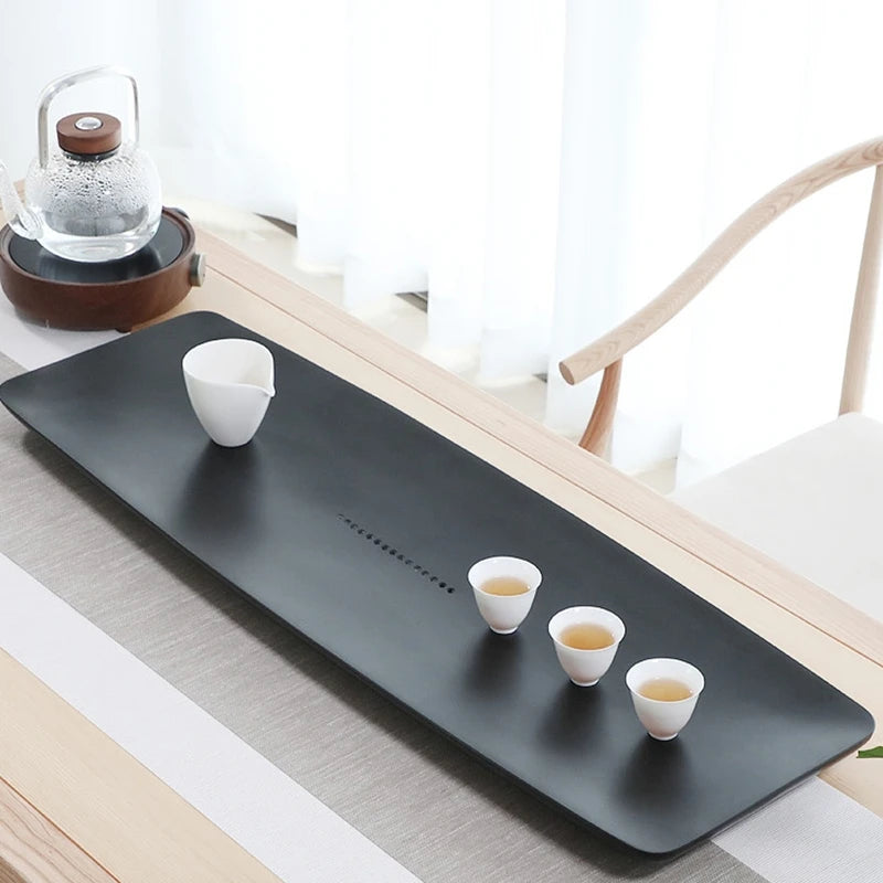 heavy tea tray simple pattern design water draining serving trays tea boat for Chinese teaset rectangle black stone weighted