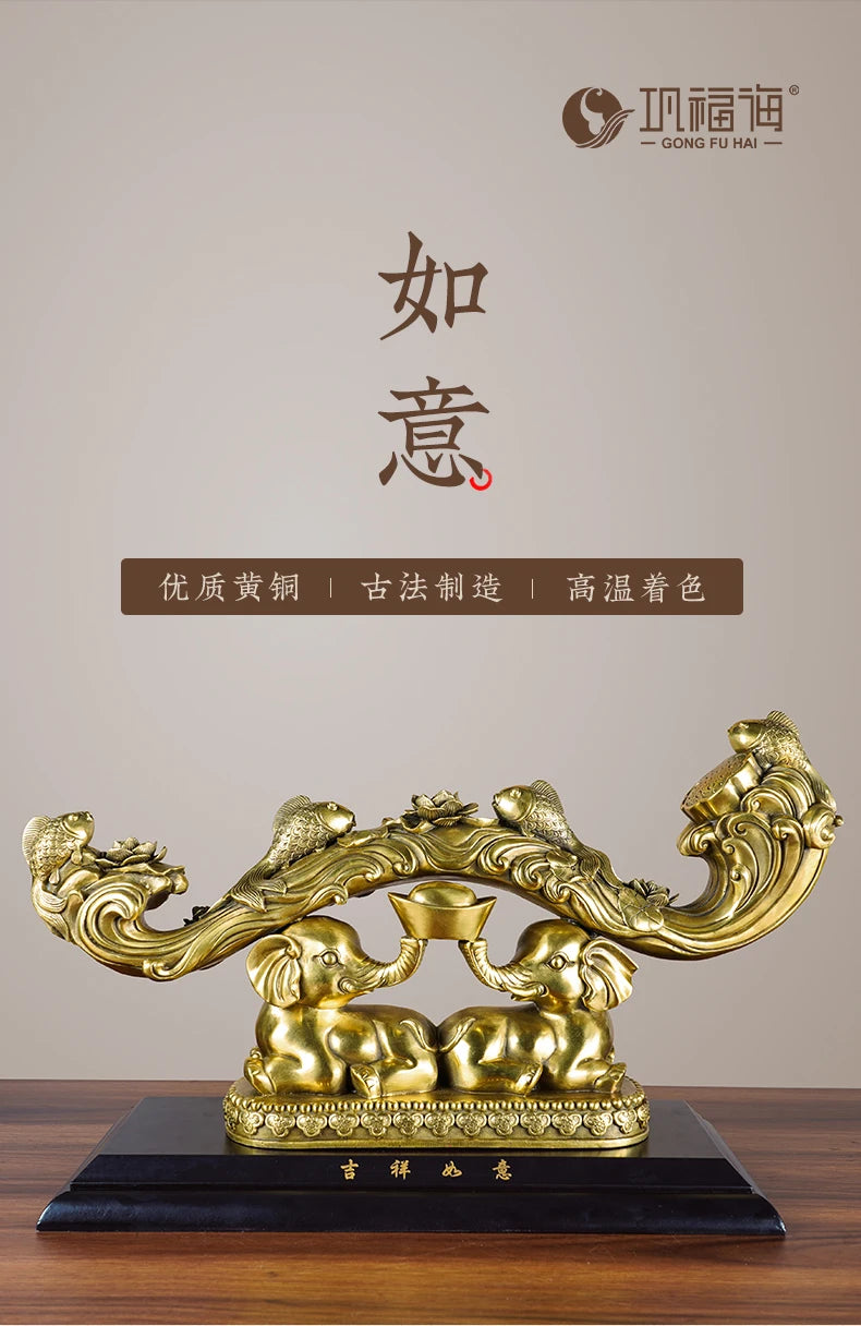 high grade Good LUCK Auspicious wealth elephant COPPER RU YI Feng Shui talisman brass Sculpture statue Home office Decor