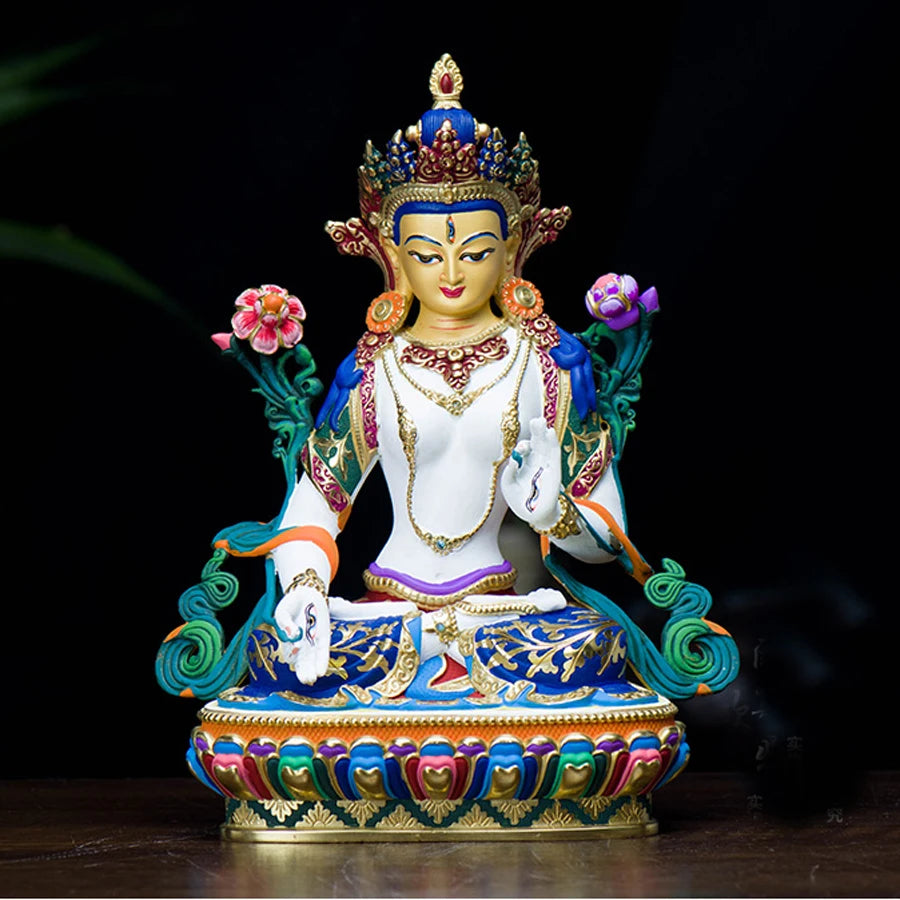 high grade color drew Buddha statue bless family Safety Health luck efficacious Talisman White Tara Guanyin Painted statue