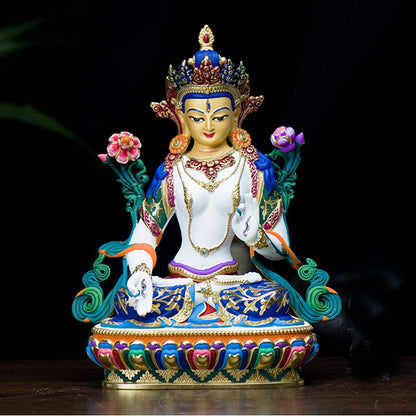 high grade color drew Buddha statue bless family Safety Health luck efficacious Talisman White Tara Guanyin Painted statue