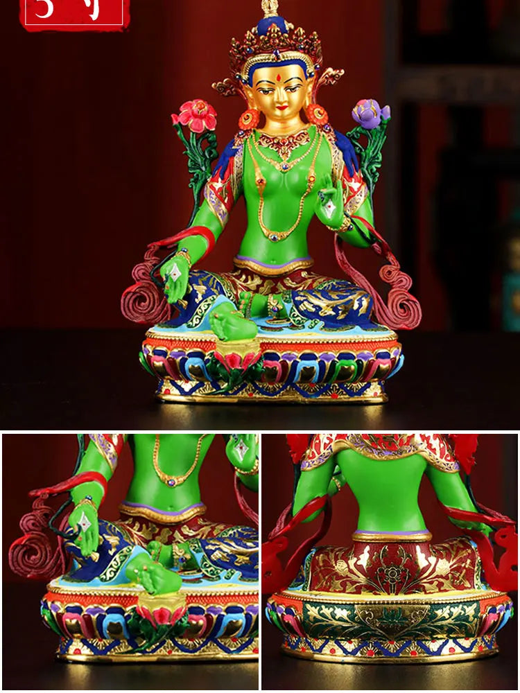 high grade colored draw Buddha statue -bless family Safety Health luck efficacious Talisman Green Tara Guanyin Buddha statue