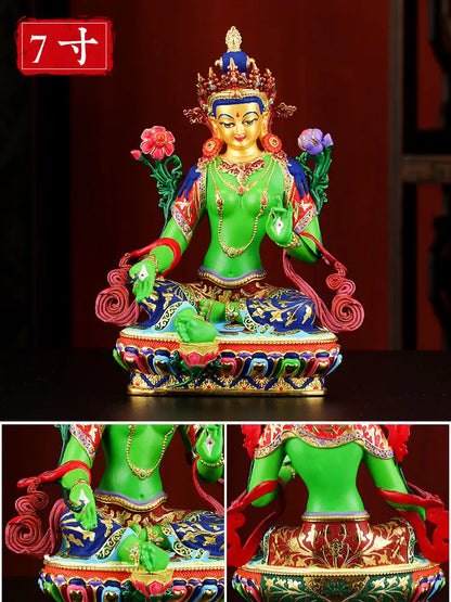 high grade colored draw Buddha statue -bless family Safety Health luck efficacious Talisman Green Tara Guanyin Buddha statue