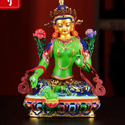 high grade colored draw Buddha statue -bless family Safety Health luck efficacious Talisman Green Tara Guanyin Buddha statue