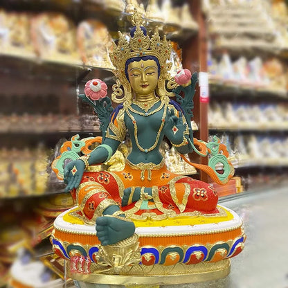 high grade colored draw Good Buddha statue bless family Safety Health luck Green Tara Guan yin Buddha Painted Buddha statue