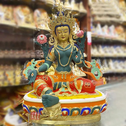 high grade colored draw Good Buddha statue bless family Safety Health luck Green Tara Guan yin Buddha Painted Buddha statue