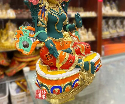 high grade colored draw Good Buddha statue bless family Safety Health luck Green Tara Guan yin Buddha Painted Buddha statue