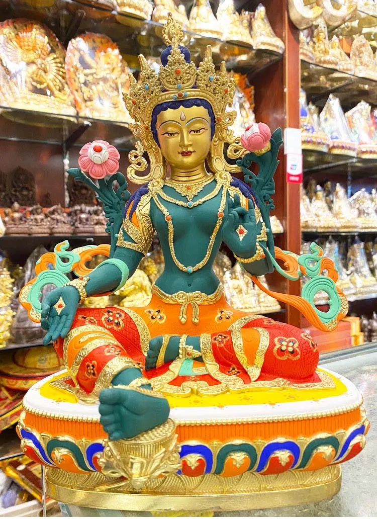 high grade colored draw Good Buddha statue bless family Safety Health luck Green Tara Guan yin Buddha Painted Buddha statue