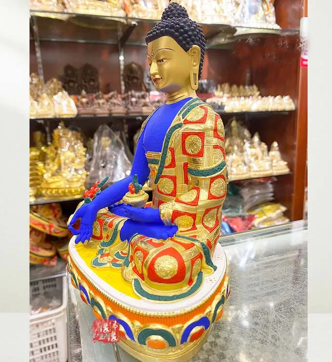 high grade colored draw Good Buddha statue bless family Safety Healthy luck Painted Tathagata Medicine Buddha statue