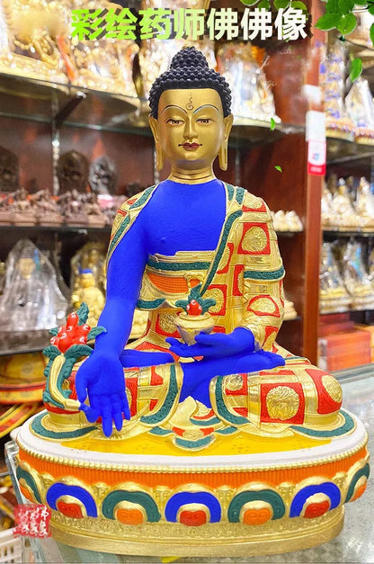 high grade colored draw Good Buddha statue bless family Safety Healthy luck Painted Tathagata Medicine Buddha statue