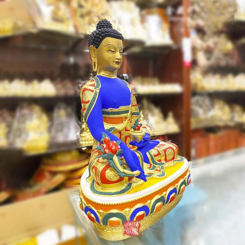 high grade colored draw Good Buddha statue bless family Safety Healthy luck Painted Tathagata Medicine Buddha statue