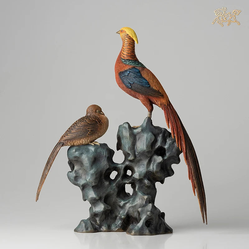 high grade home Company bring wealth money thriving business Good luck QIAN CHENG SI JIN mascot Golden pheasant brass Ornament