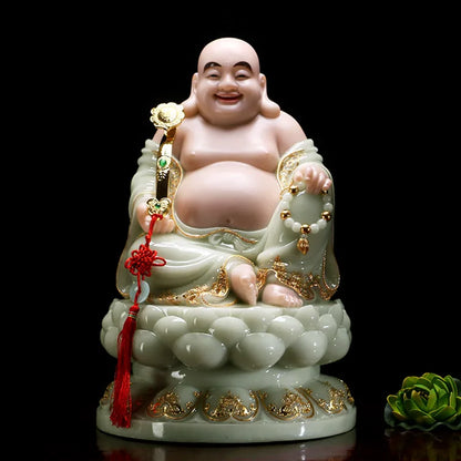 high grade home shop TOP Talisman Mascot Maitreya God of wealth Buddha jade gilding carving Sculpture statue  30cm