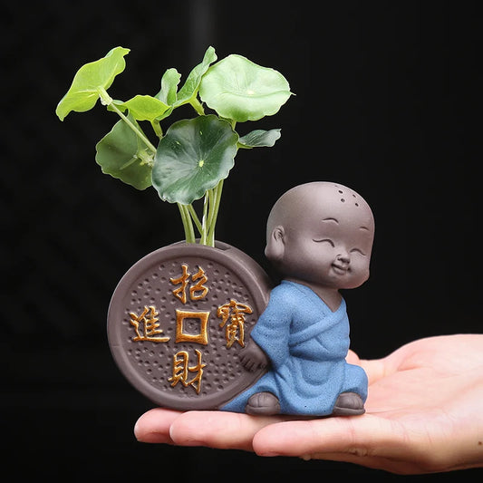 home table decoration yixing zisha purple clay tea pet small vase artificial flower leaf lovely monk statue handmade craft new