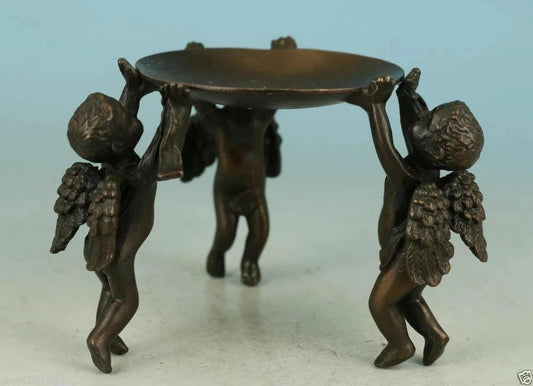 inese Old Ancient Asian Bronze Handmade Angel Statue Oil Lamp Candlestick