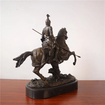 knight cavalry Copper Art sculpture man warrior ride horse statue marble base Knight  QIbronze  crafts