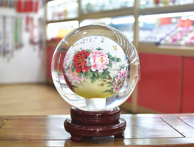 large # China Leader National gift HOME office Comapny TOP business decoration GOOD LUCK Rich Peony crystal ball 3D ART Ornament