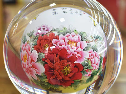 large # China Leader National gift HOME office Comapny TOP business decoration GOOD LUCK Rich Peony crystal ball 3D ART Ornament