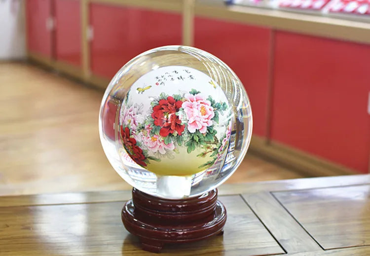 large # China Leader National gift HOME office Comapny TOP business decoration GOOD LUCK Rich Peony crystal ball 3D ART Ornament