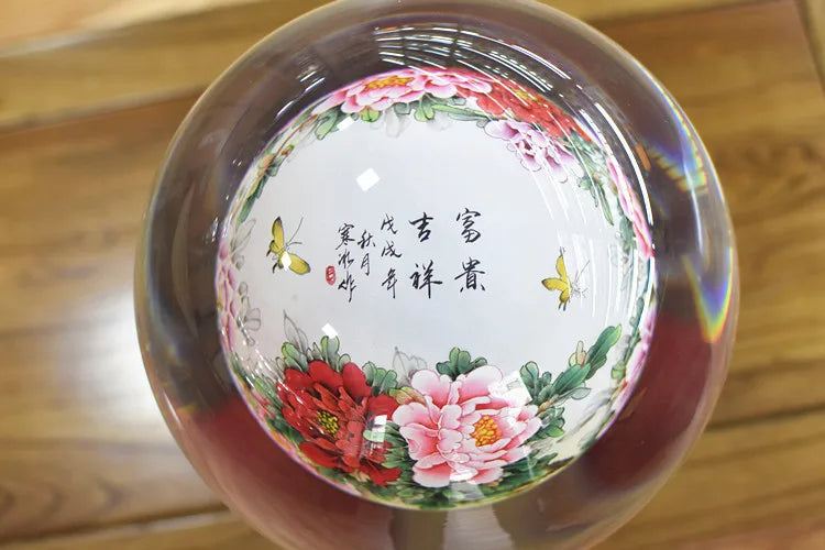 large # China Leader National gift HOME office Comapny TOP business decoration GOOD LUCK Rich Peony crystal ball 3D ART Ornament
