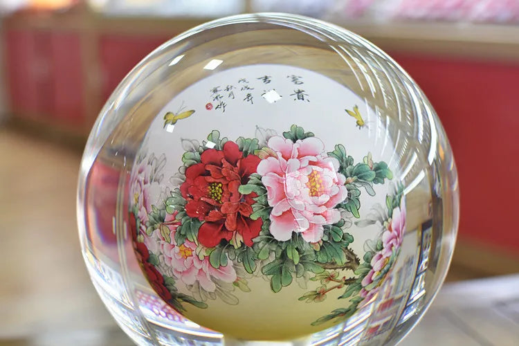 large # China Leader National gift HOME office Comapny TOP business decoration GOOD LUCK Rich Peony crystal ball 3D ART Ornament